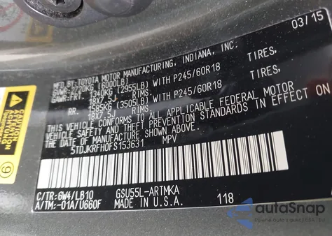 2015 Toyota Highlander Xle V6 z USA, uszkodzony, nr VIN 5TDJKRFH0FS153631